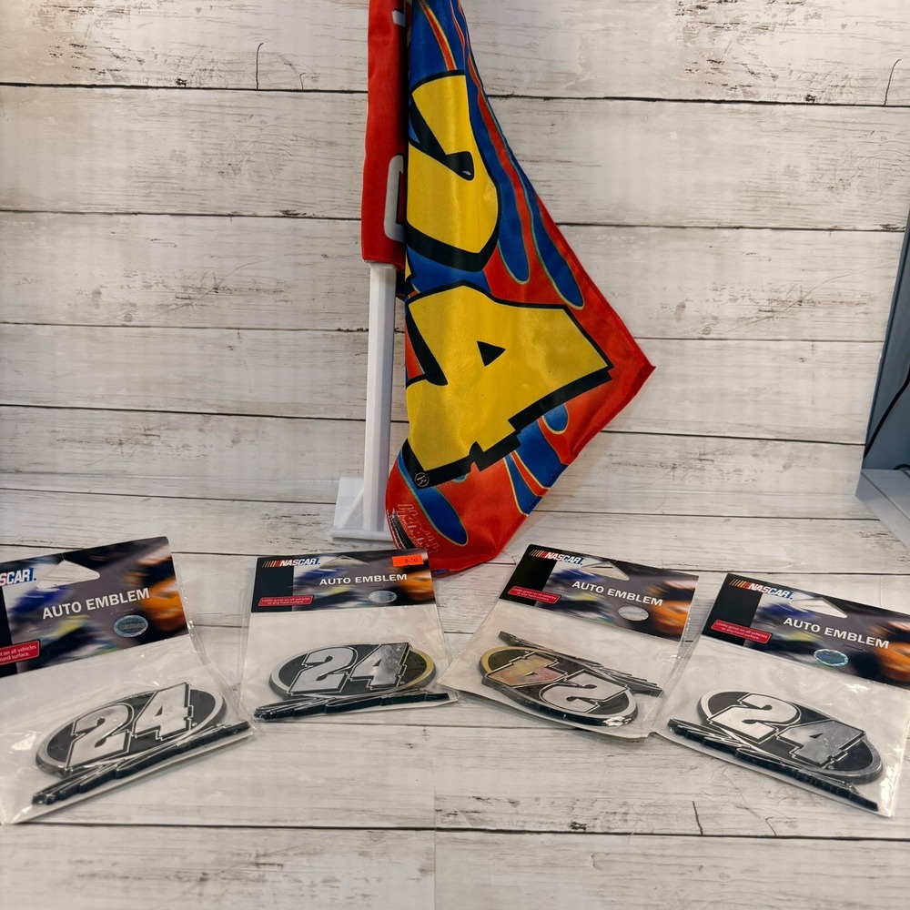 Jeff Gordon NASCAR 24 Auto Emblem Lot of 4 and Car Window Flag Hendrick Lot